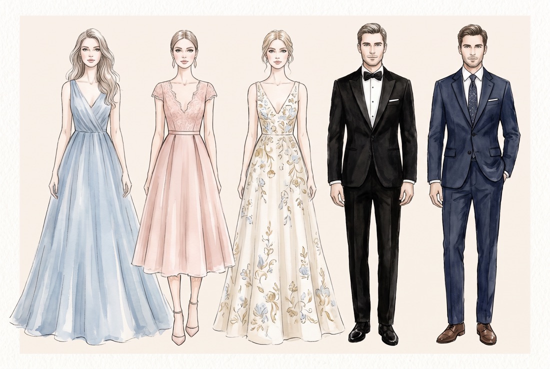 Watercolour illustration of five wedding-guest looks — three ladies in floor-length and midi dresses in powder blue, blush and cream, and two gentlemen in black tie and a dark formal suit