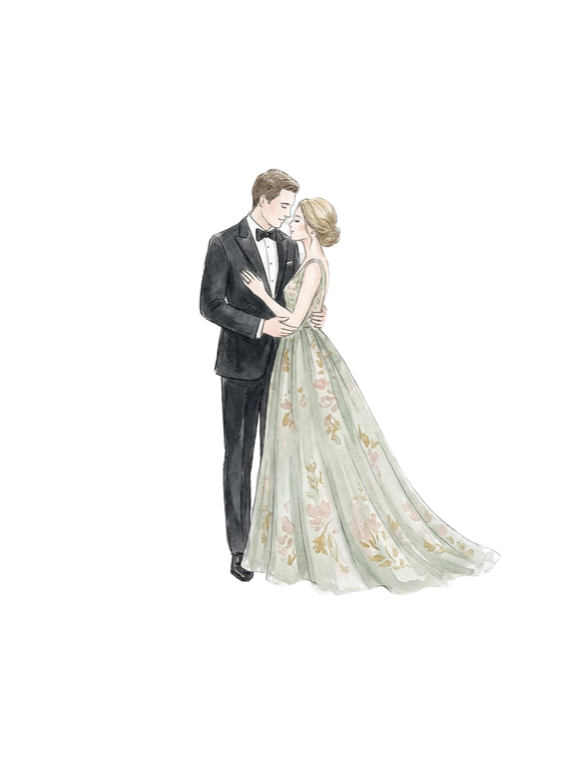 Watercolour illustration of a couple — the groom in black tie, the bride in a sage-green spring gown