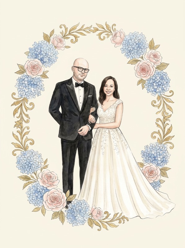 Watercolour portrait of Rodalyn and Andrii framed by a wreath of powder-blue hydrangeas and blush roses